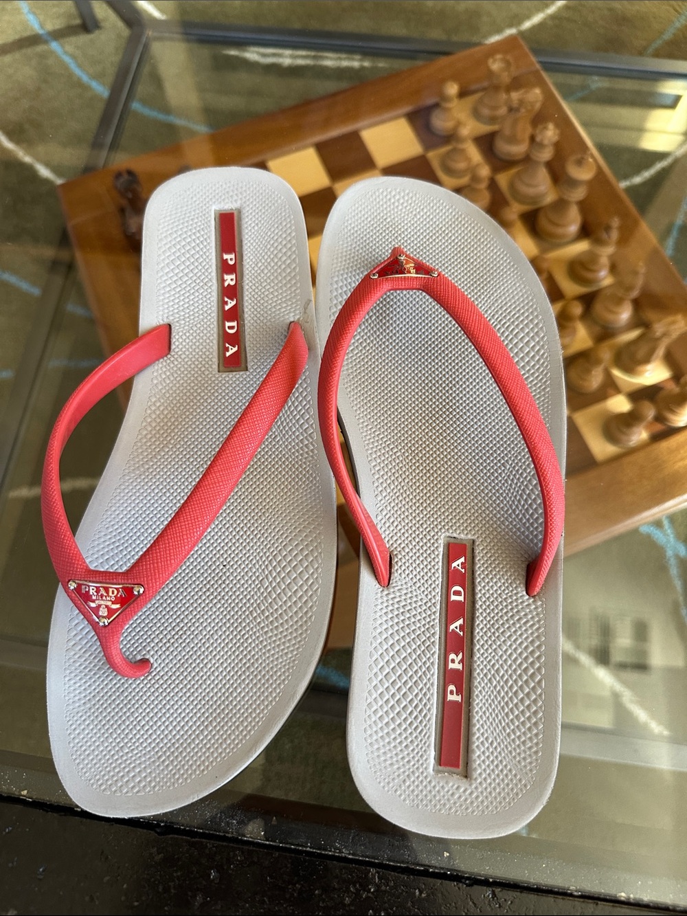 Prada White Flip Flops with Coral Straps